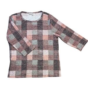 Women's Petite‎ Long 3/4 Sleeve Plaid Knit Top Brown Pink Black Casual Sweater